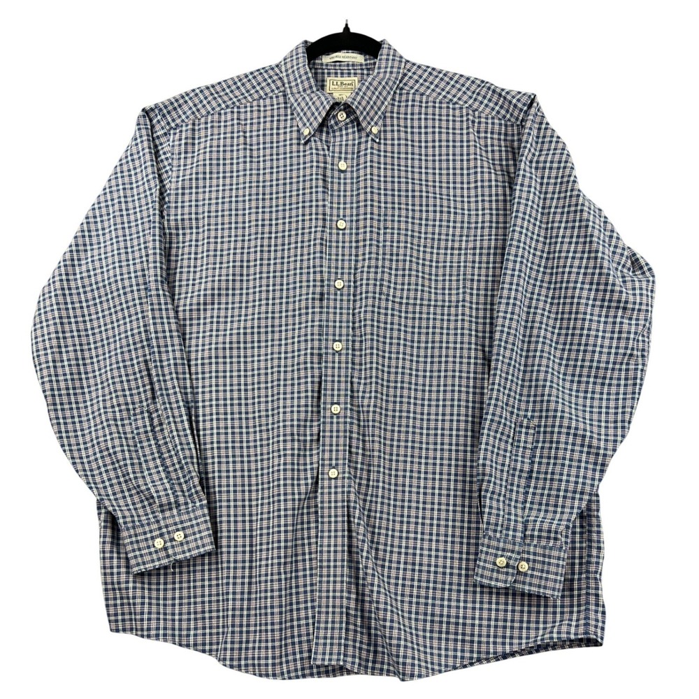LL Bean Mens XL Regular Blue Plaid Button Down Shirt Wrinkle Resist 100% Cotton